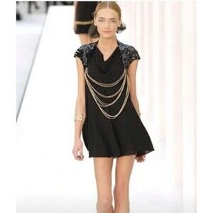 Chanel Black Silk Mini Dress with Sequin  Sleeve